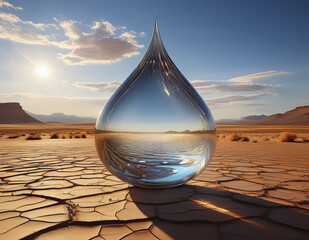 Oversized glass teardrop floating in a dry desert with reflections of the sky