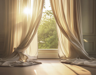 Soft linen curtains billowing in a summer breeze, backlit by a window framed in golden light