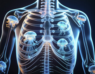 X-ray of a ribcage filled with luminous jellyfish
