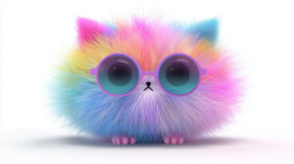 Obraz premium Colorful fluffy cat wearing sunglasses poses playfully against a white background Generative AI