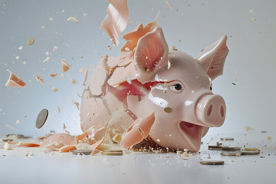 Broken piggy bank scattering coins. Financial setback or lesson learned? Shows fragility of savings and the need for fiscal responsibility.