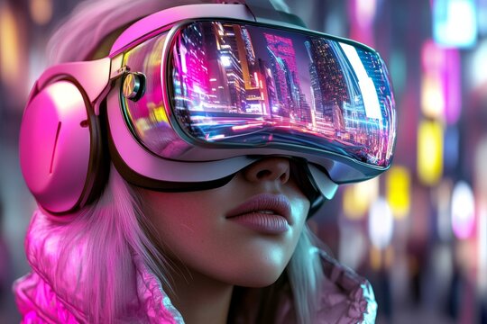Woman immerses in virtual reality experience with VR headset, digital city reflected in visor, modern tech