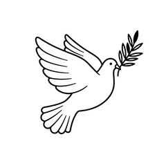 Obraz premium Dove holding an olive branch in flight outline illustration 