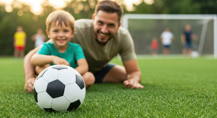 father son playing soccer on field