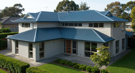 modern house exterior with blue roof and garden