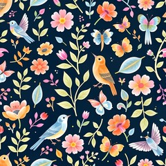 A vibrant and whimsical digital illustration featuring a dark blue background with a repeating pattern of colorful flowers and butterflies. The flowers are in various shades of pink, yellow, and orang