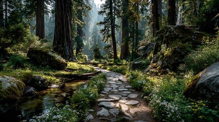 Obraz premium Forest path winding through tall redwoods dappled sunlight earthy ground tones soft green canopy immersive peaceful nature setting