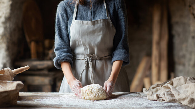 Baker kneading dough in rustic kitchen during morning hours, preparing for fresh bread making process and showcasing traditional baking techniques Generative AI
