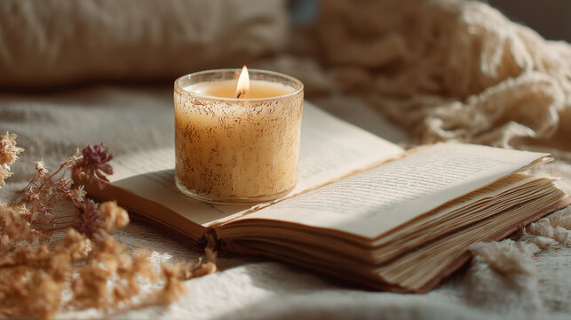 Warm candlelight illuminates an open book surrounded by dried flowers on a cozy fabric surface, creating a serene reading atmosphere in natural light Generative AI
