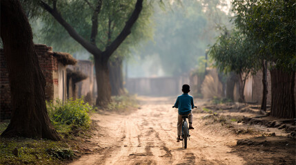 Fototapeta premium Child rides bicycle along dirt path through lush green trees in rural setting during early morning hours Generative AI