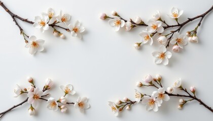 refined arrangement of cherry blossoms in a minimalist style, with soft white tones, delicate lines, symmetrical layout, modern elegance, high resolution