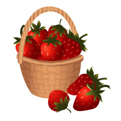 Large wicker basket with ripe strawberries and several fallen berries near the basket. Vector illustration isolated on white background.