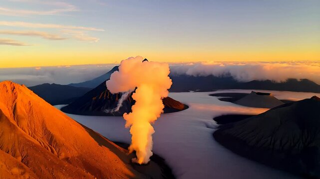Aerial view of a volcanic landscape at sunrise, with a steaming fumarole emerging from the crater. The golden sunlight highlights the rugged terrain, surrounded by a sea of clouds and distant peaks