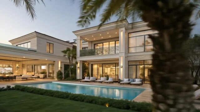 Luxury real estate showcase modern mansion with pool and outdoor living design and architecture style home