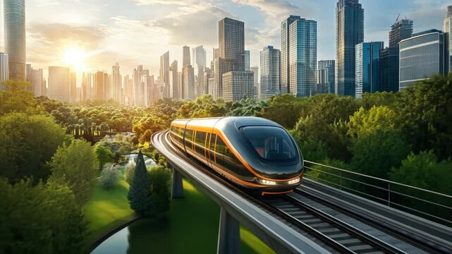 Futuristic express train riding on the elevated rail track. City of future urban technology concept