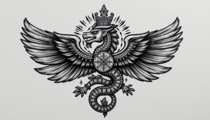 Fototapeta premium cultural motif of an aztec sun deity tattoo, designed in a detailed and realistic style, showcasing the mythical creature quetzalcoatl with its feathered serpent form; black and white