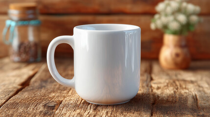 Ceramic coffee mug placed on rustic wooden table with blurred background of flower vase and jars mockup template cup white