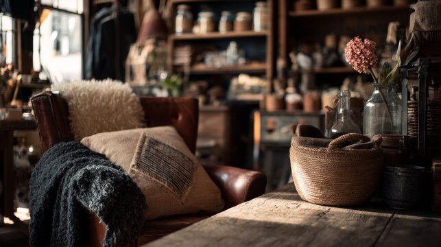 Vintage shop interior with antique displays. Vintage store