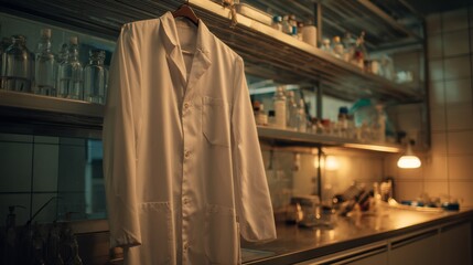 Fototapeta premium White lab coat hanging in research facility