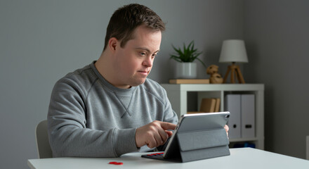 Young man with Down syndrome using tablet at home office desk