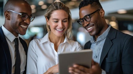 Three diverse business colleagues are laughing at tablet content during a break time in a modern office