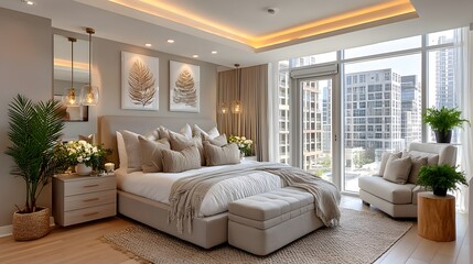 Cozy bed setup with neutral tones high resolution photo