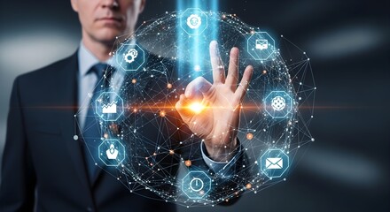 Man in suit interacts with a digital sphere.