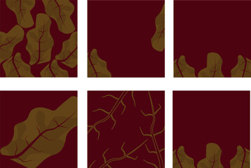 Seamless vector pattern with stylized leaves and branches on a rich burgundy background. Ideal for textiles, wrapping paper, and fall-themed designs, with a hand-drawn, earthy feel.