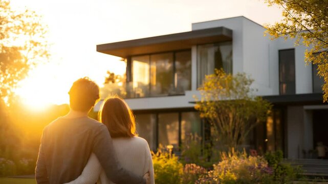 Young couple embracing while admiring modern house at golden sunset, warm orange glow, concept of real estate, love, and new beginnings, left copy space, cinematic video loop for home and lifestyle br