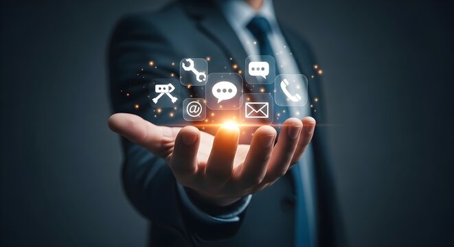 Man's hand displays digital communication icons.