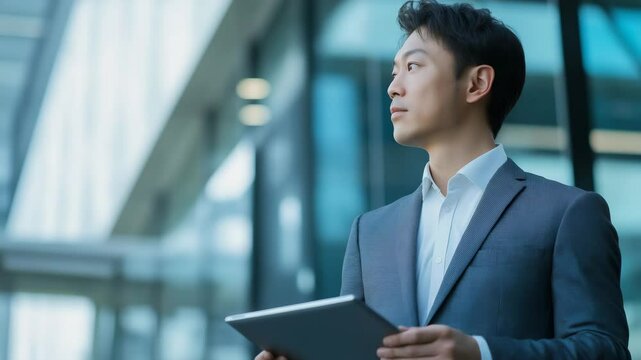Confident Asian businessman using tablet and pointing at futuristic interface in bright modern office, corporate environment, blue tones, right copy space, seamless business video for innovation
