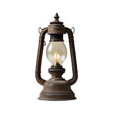 Antique kerosene lantern with a lit flame and a glass globe isolated on transparent background