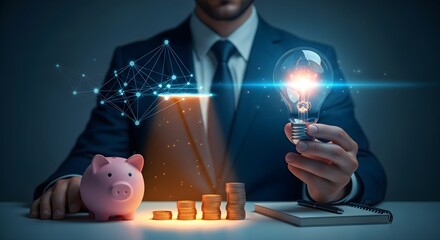 Businessman holding a glowing lightbulb, symbolizing innovative financial ideas.