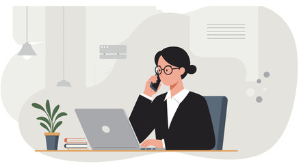 Stylish businesswoman on a phone call, working on laptop at her desk, flat design illustration perfect for landing pages, banners, marketing, and web design presentations.