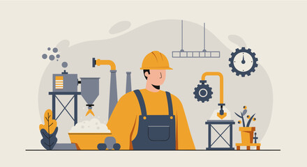 A flat design illustration depicts a factory worker overseeing a manufacturing process, suitable for a website landing page or marketing presentation, emphasizing industrial efficiency.