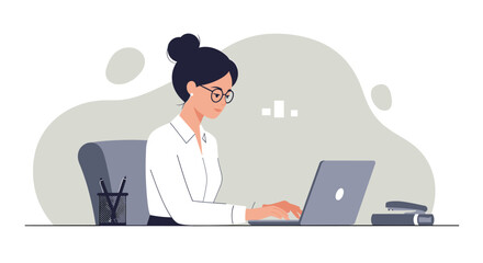 a woman seated at a desk, engrossed in work on a laptop, with a stapler and pen holder nearby. Suitable for landing page, banner, marketing, web design, presentation, infographic, etc.