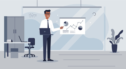 Friendly businessman giving a presentation with laptop and charts in a modern office, ideal for landing page banners, marketing, and web design projects.