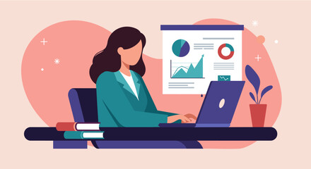 Professional woman working on laptop with data charts and graphs on presentation screen, modern flat design.