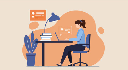 Flat design illustration of a woman working on her laptop at her desk, perfect for a landing page banner, marketing materials, or web design presentation.