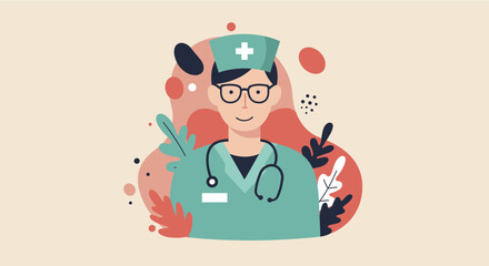 a smiling doctor wearing a green cap and glasses, surrounded by abstract shapes and plants. Suitable for landing page, banner, marketing, web design, presentation, infographic, etc.