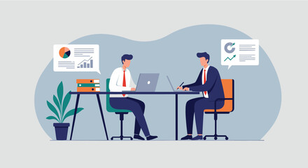 Two business professionals in a modern flat design illustration are collaborating at a desk, analyzing data and charts for a presentation.