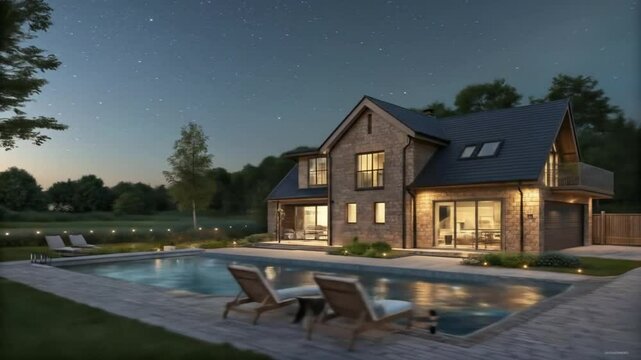 Luxury home with pool and starry night sky real estate dream house architecture design showcase tour video