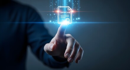 Person's fingertip touches a digital certificate.