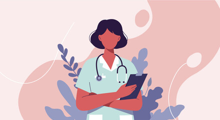 a female doctor standing with her arms crossed, wearing a stethoscope around her neck and holding a clipboard. Suitable for landing page, banner, marketing, web design, presentation, infographic, etc.