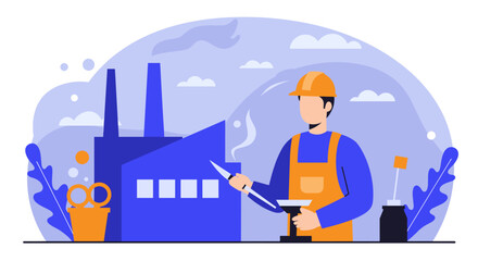A modern flat design illustration showcasing a factory worker welding with a manufacturing plant in the background, suitable for a website landing page or banner.