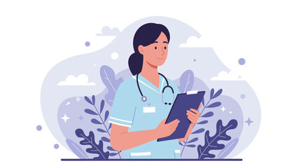a smiling woman in a blue medical uniform holding a clipboard. Suitable for landing page, banner, marketing, web design, presentation, infographic, etc.
