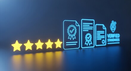 Five-star rating and verified documents.  Digital illustration.