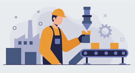 Industrial worker on assembly line in factory, flat design illustration for web, marketing, and presentation.
