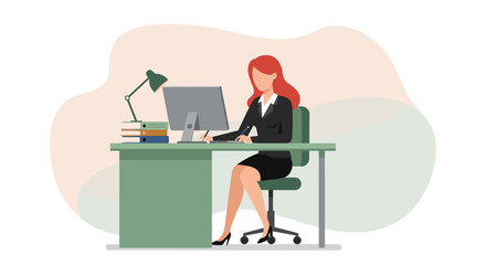 A woman with red hair is sitting at a desk, working on a computer with a stack of books beside her. Suitable for landing page, banner, marketing, web design, presentation, infographic, etc.