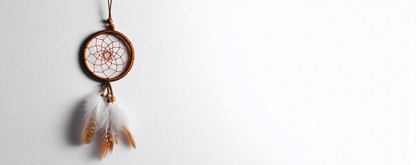 Fototapeta premium Dream catcher hanging on a wall featuring soft feathers and intricate web design in a bright, minimalist setting with natural light Generative AI